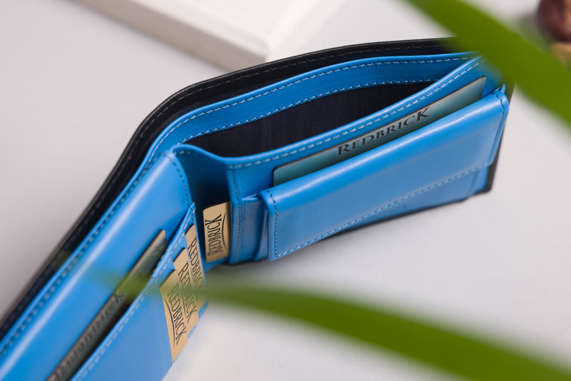 "Genuine leather wallet with card, note, and coin storage"