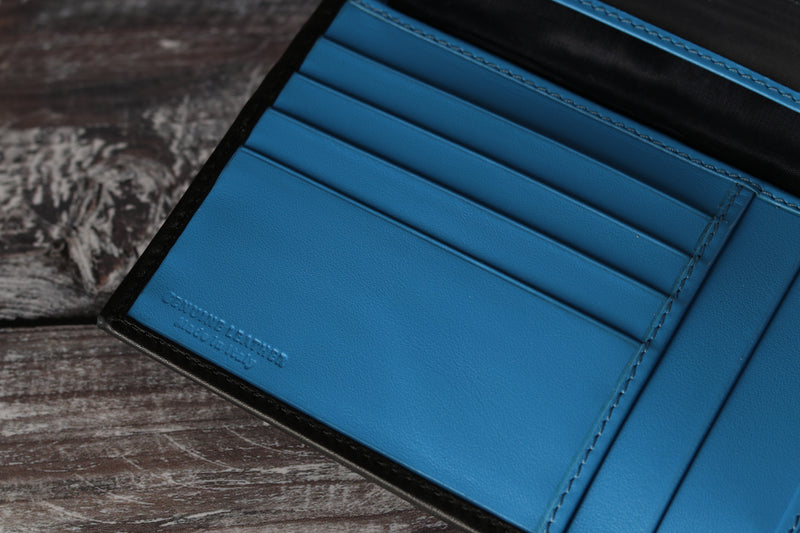 Personalised Engraved Black & Blue Bifold Leather Wallet With Coin Pocket & Card Holders