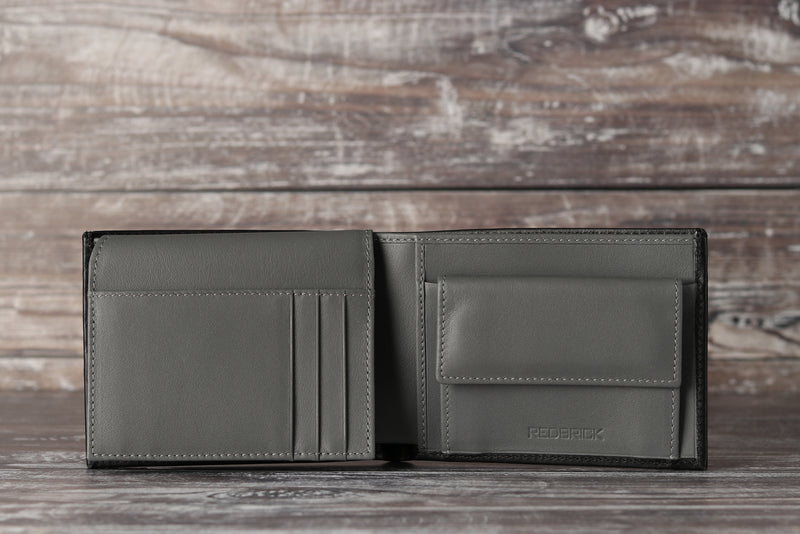 Personalised Engraved Black & Grey Bifold Leather Wallet With Coin Pocket & Card Holders