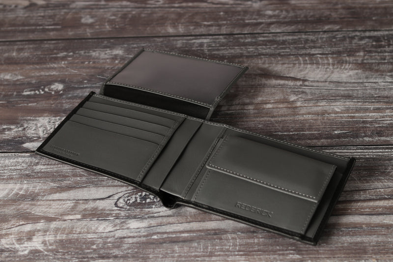 Personalised Engraved Black & Grey Bifold Leather Wallet With Coin Pocket & Card Holders