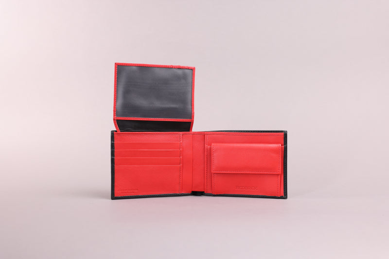 Personalised Engraved Black & Red Bifold Leather Wallet With Coin Pocket & Card Holders