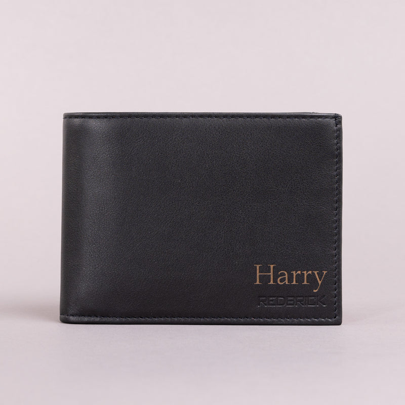 Personalised Engraved Black & Red Bifold Leather Wallet With Coin Pocket & Card Holders