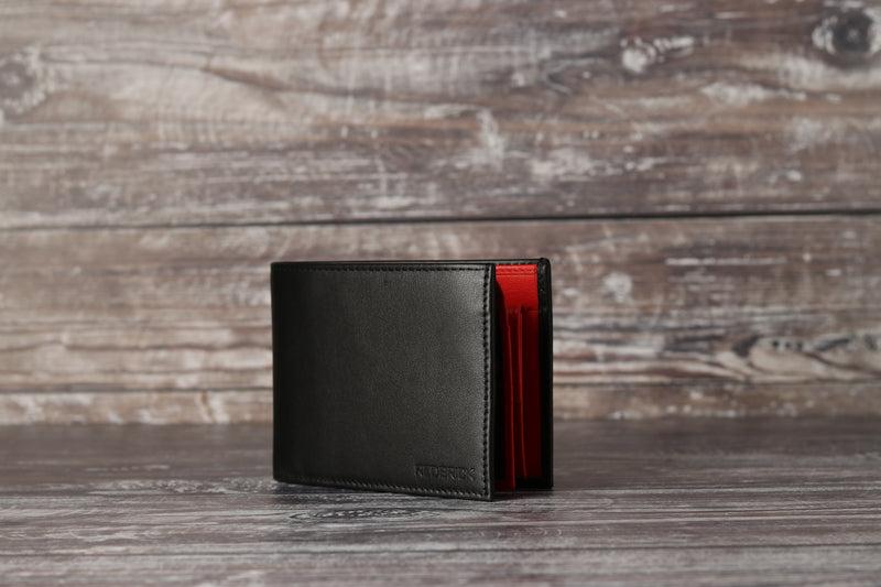 Personalised Engraved Black & Red Bifold Leather Wallet With Coin Pocket & Card Holders