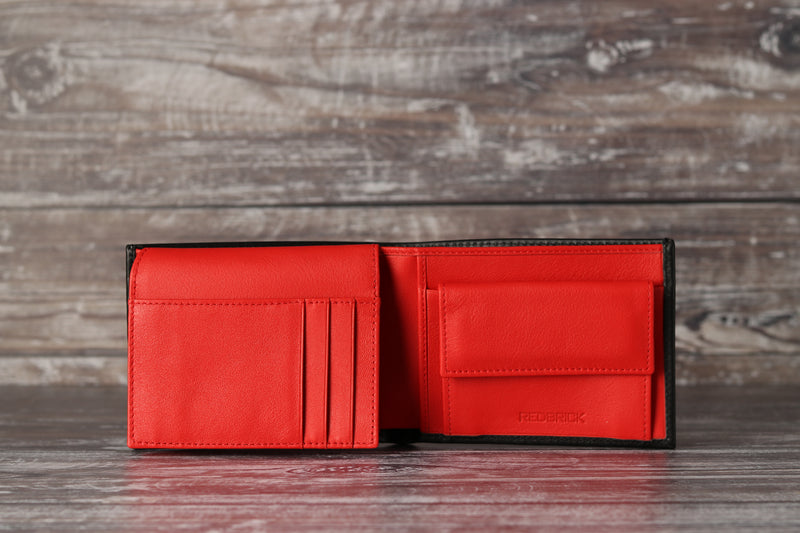 Personalised Engraved Black & Red Bifold Leather Wallet With Coin Pocket & Card Holders