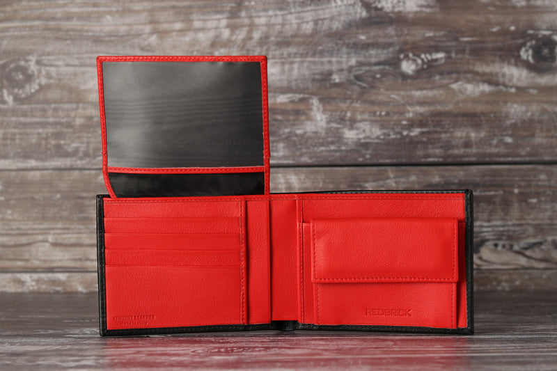 Personalised Engraved Black & Red Bifold Leather Wallet With Coin Pocket & Card Holders
