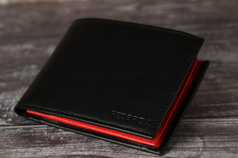 Personalised Engraved Black & Red Bifold Leather Wallet With Coin Pocket & Card Holders