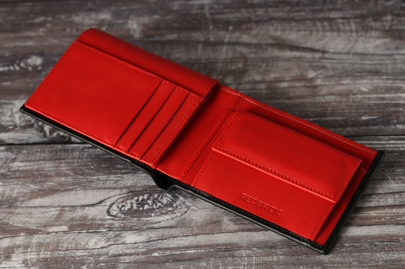 Personalised Engraved Black & Red Bifold Leather Wallet With Coin Pocket & Card Holders
