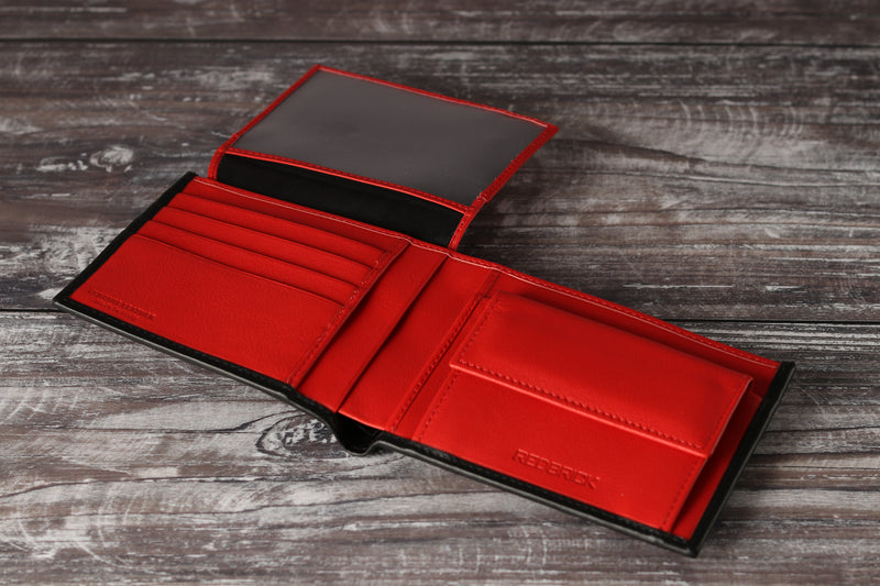 Personalised Engraved Black & Red Bifold Leather Wallet With Coin Pocket & Card Holders