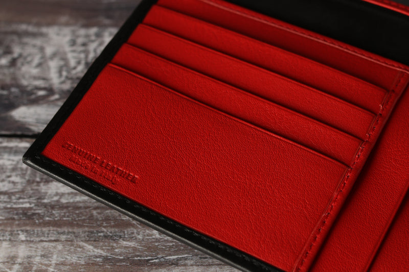 Personalised Engraved Black & Red Bifold Leather Wallet With Coin Pocket & Card Holders