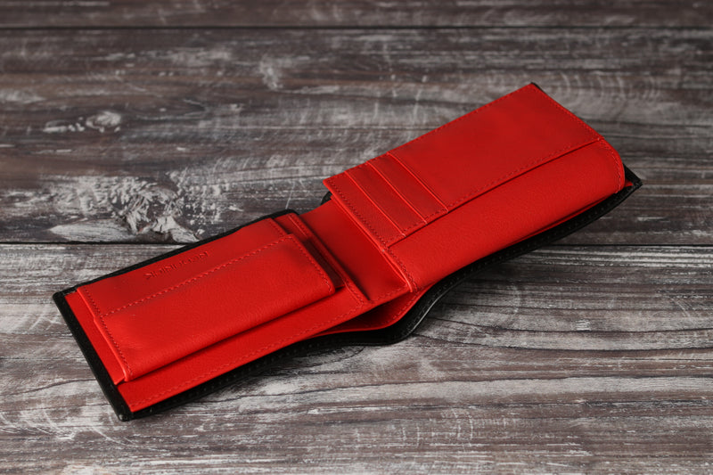Personalised Engraved Black & Red Bifold Leather Wallet With Coin Pocket & Card Holders