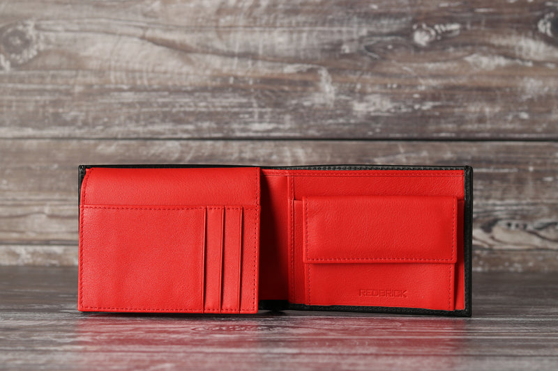 Personalised Engraved Black & Red Bifold Leather Wallet With Coin Pocket & Card Holders