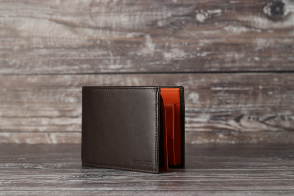 Personalised Engraved Brown & Orange Bifold Leather Wallet With Coin Pocket & Card Holders