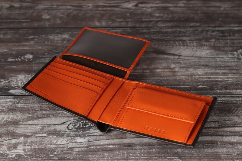 Personalised Engraved Brown & Orange Bifold Leather Wallet With Coin Pocket & Card Holders