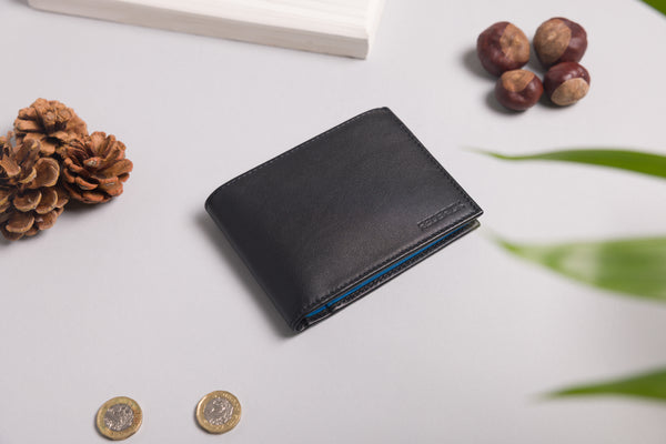 Personalised Engraved Black & Blue Bifold Leather Wallet With Credit Card Holder