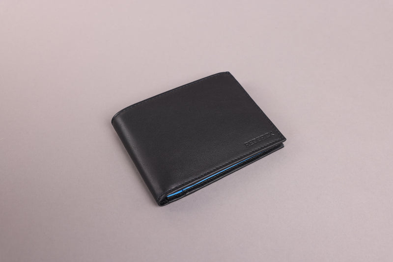 Personalised Engraved Black & Blue Bifold Leather Wallet With Credit Card Holder