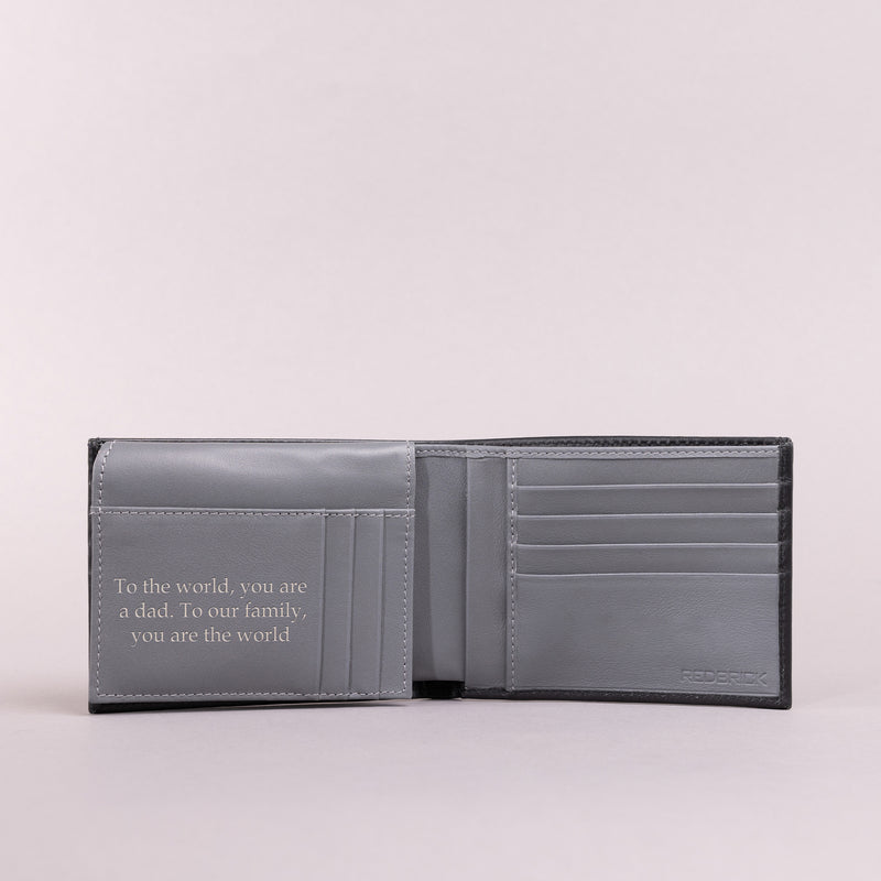 Personalised Engraved Black & Grey Bifold Leather Wallet With Credit Card Holder