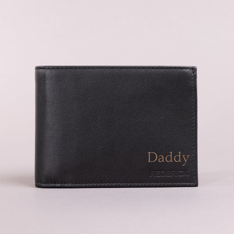 Personalised Engraved Black & Grey Bifold Leather Wallet With Credit Card Holder