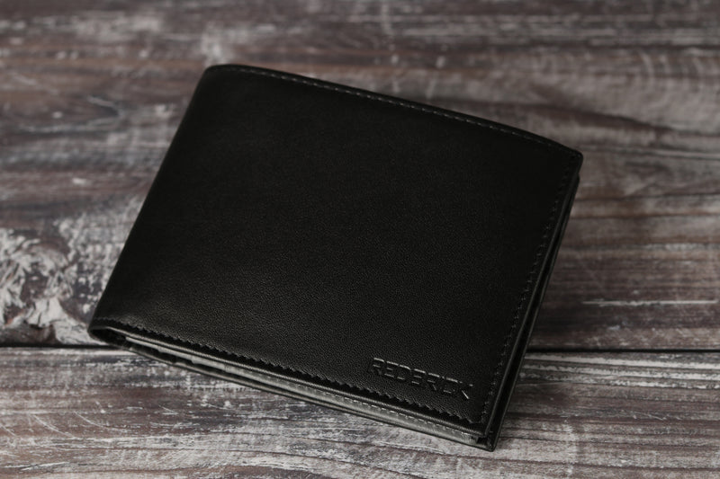 Personalised Engraved Black & Grey Bifold Leather Wallet With Credit Card Holder