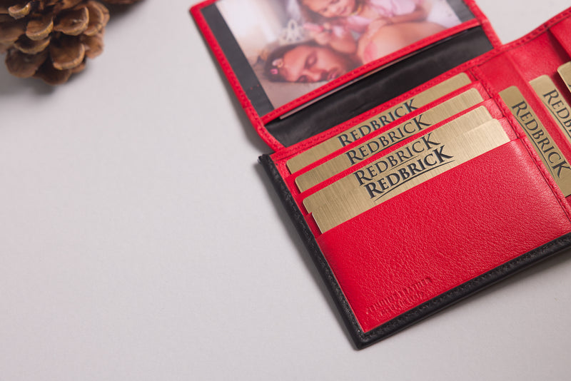Personalised Engraved Black & Red Bifold Leather Wallet With Credit Card Holder