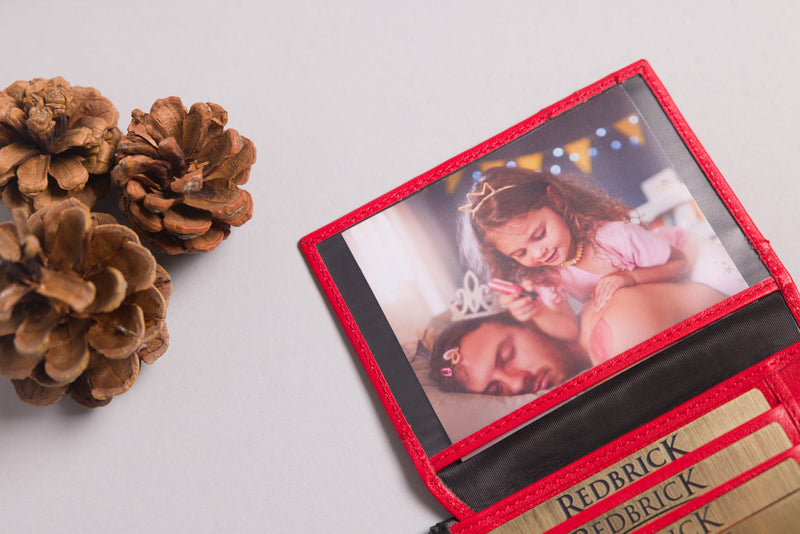 Personalised Engraved Black & Red Bifold Leather Wallet With Credit Card Holder