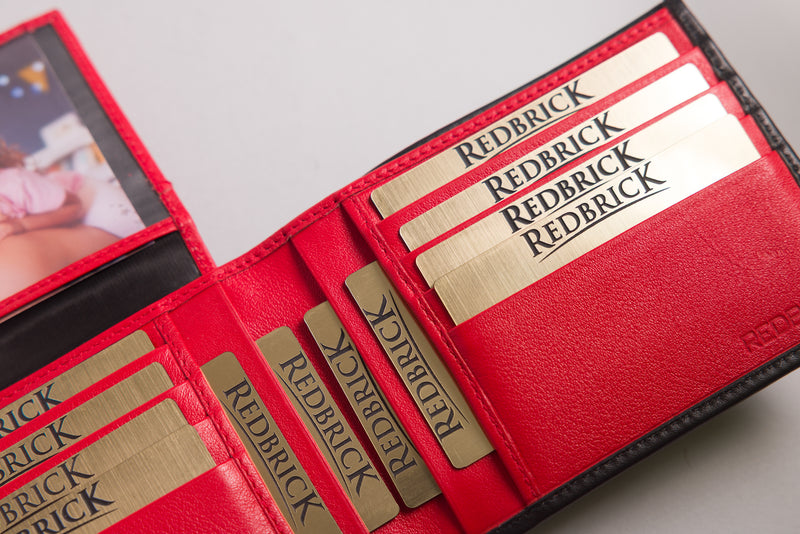Personalised Engraved Black & Red Bifold Leather Wallet With Credit Card Holder