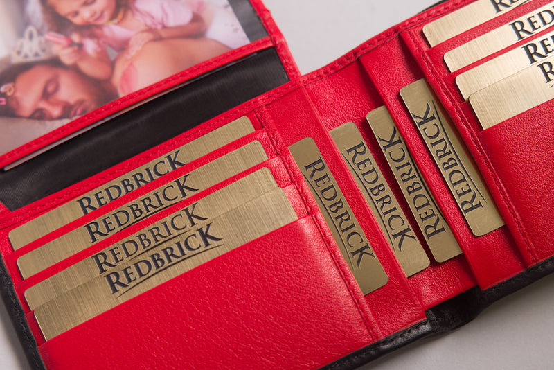 Personalised Engraved Black & Red Bifold Leather Wallet With Credit Card Holder