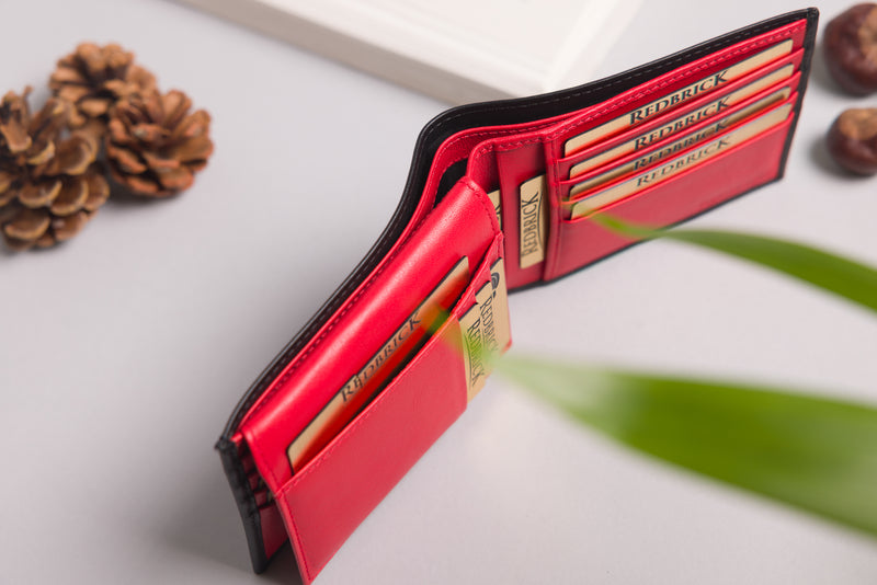 Personalised Engraved Black & Red Bifold Leather Wallet With Credit Card Holder