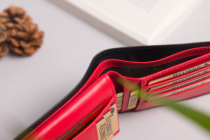 Personalised Engraved Black & Red Bifold Leather Wallet With Credit Card Holder