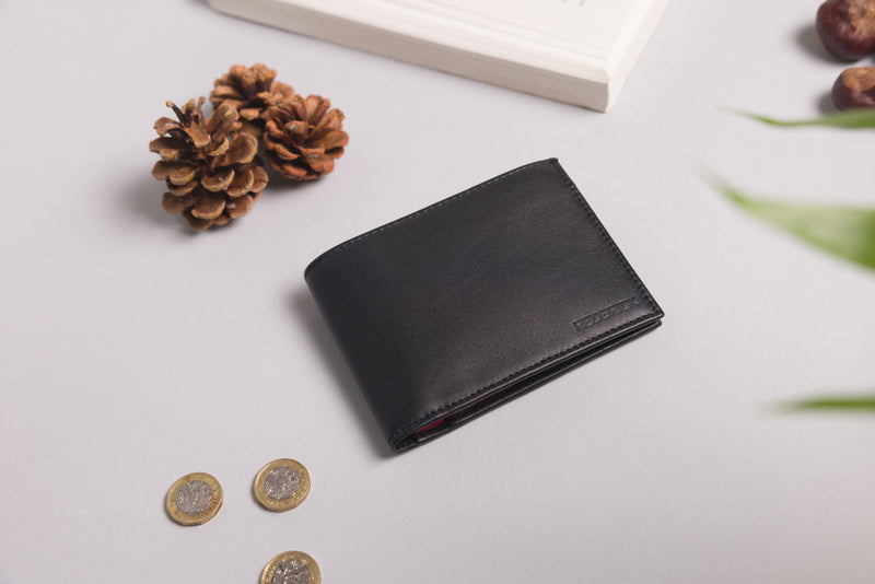 Personalised Engraved Black & Red Bifold Leather Wallet With Credit Card Holder
