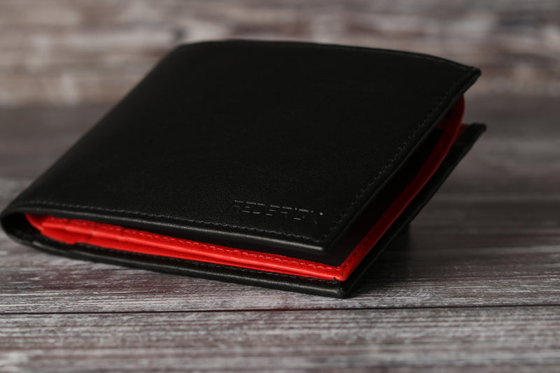 Personalised Engraved Black & Red Bifold Leather Wallet With Credit Card Holder