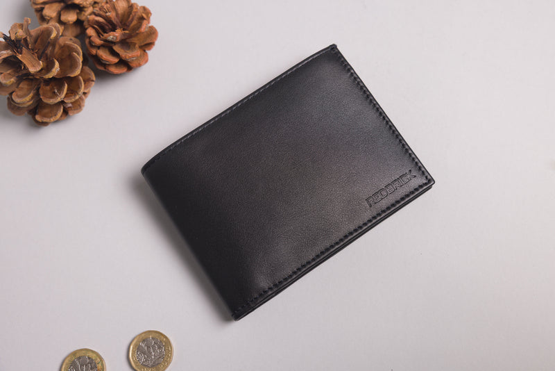 Personalised Engraved Black & Red Bifold Leather Wallet With Credit Card Holder