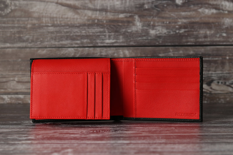 Personalised Engraved Black & Red Bifold Leather Wallet With Credit Card Holder