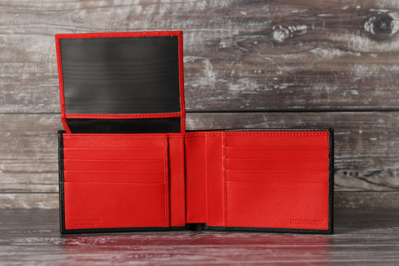 Personalised Engraved Black & Red Bifold Leather Wallet With Credit Card Holder