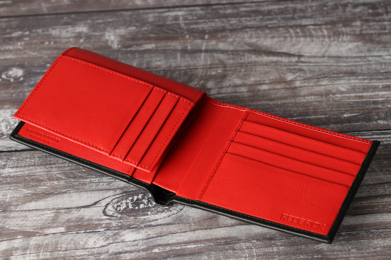 Personalised Engraved Black & Red Bifold Leather Wallet With Credit Card Holder