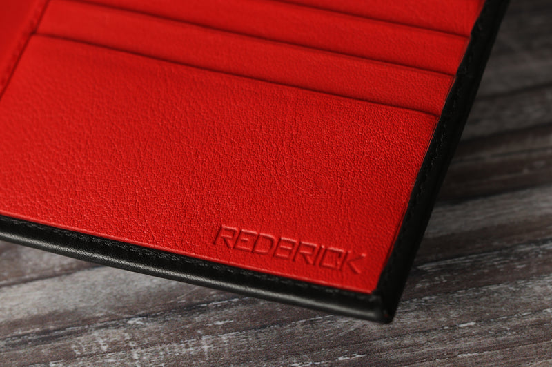 Personalised Engraved Black & Red Bifold Leather Wallet With Credit Card Holder