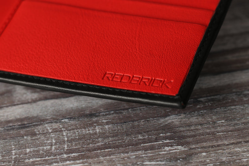 Personalised Engraved Black & Red Bifold Leather Wallet With Credit Card Holder