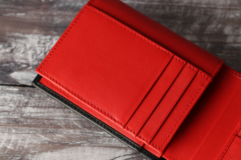 Personalised Engraved Black & Red Bifold Leather Wallet With Credit Card Holder