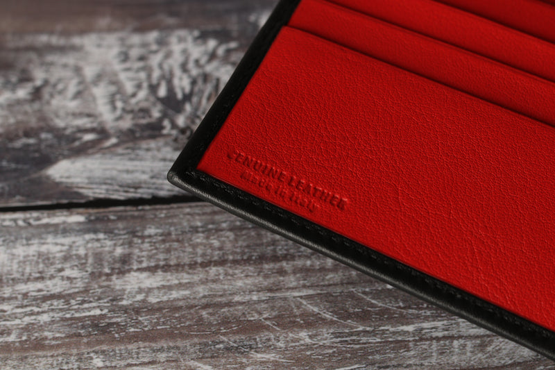 Personalised Engraved Black & Red Bifold Leather Wallet With Credit Card Holder