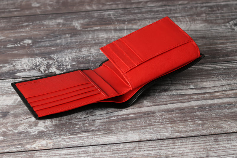 Personalised Engraved Black & Red Bifold Leather Wallet With Credit Card Holder