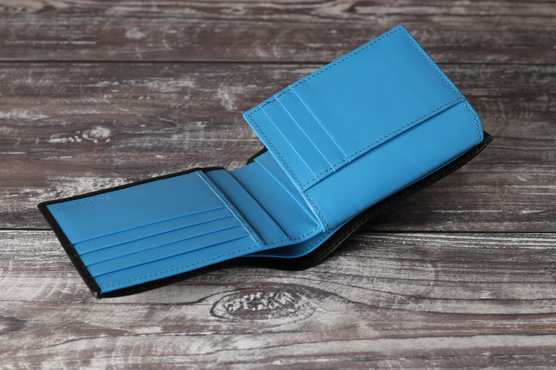 Personalised Engraved Black & Blue Bifold Leather Wallet With Credit Card Holder