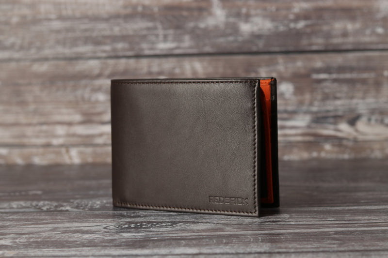 Personalised Engraved Brown & Orange Bifold Leather Wallet With Credit Card Holder