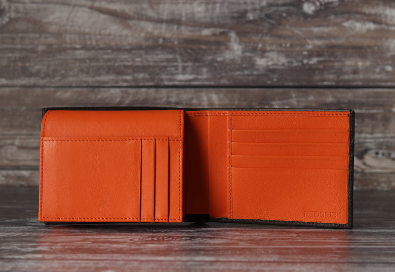 Personalised Engraved Brown & Orange Bifold Leather Wallet With Credit Card Holder