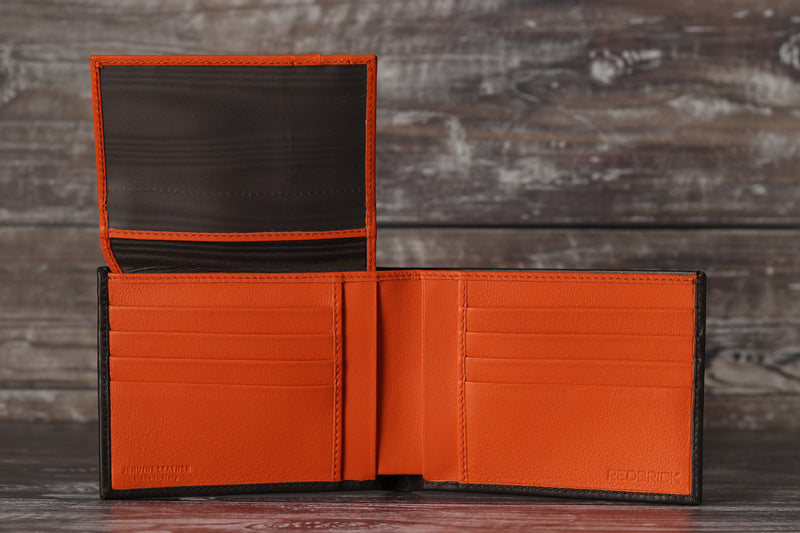 Personalised Engraved Brown & Orange Bifold Leather Wallet With Credit Card Holder