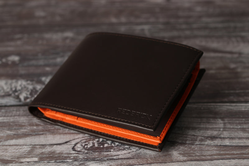 Personalised Engraved Brown & Orange Bifold Leather Wallet With Credit Card Holder