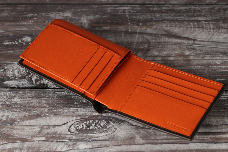 Personalised Engraved Brown & Orange Bifold Leather Wallet With Credit Card Holder