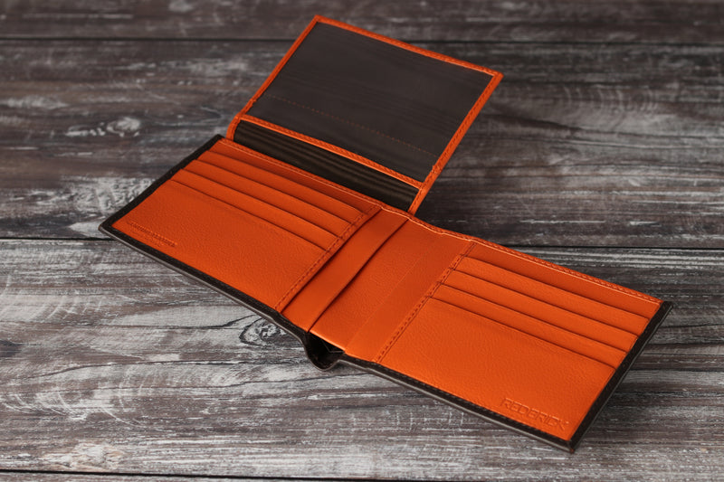 Personalised Engraved Brown & Orange Bifold Leather Wallet With Credit Card Holder
