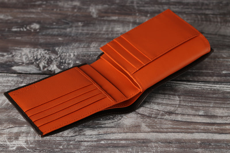 Personalised Engraved Brown & Orange Bifold Leather Wallet With Credit Card Holder