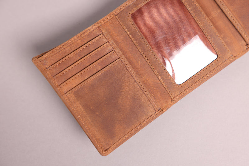 Personalised Engraved Rustic Brown Trifold Leather Wallet