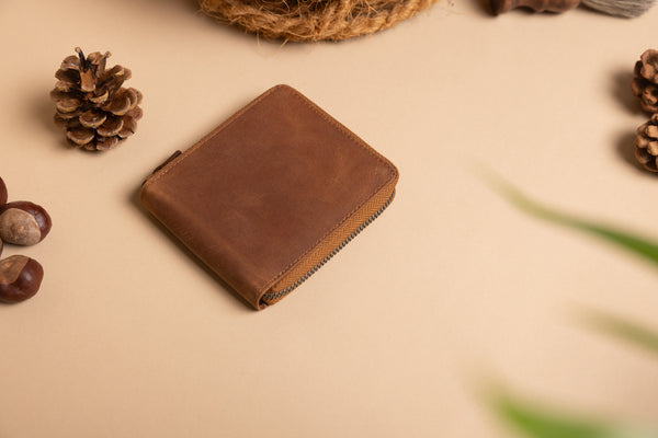 Personalised Engraved Rustic Brown Bifold Leather Zip Around Wallet