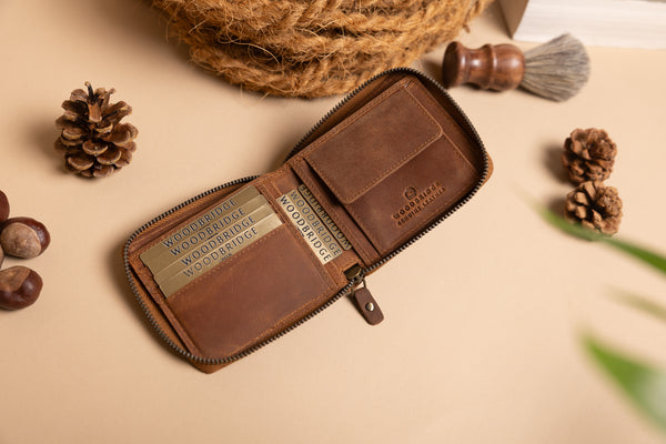 Personalised Engraved Rustic Brown Bifold Leather Zip Around Wallet